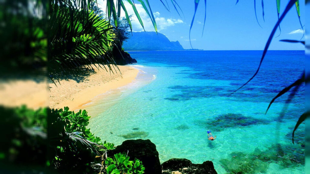 Tranquil Hawaiian Beach: Turquoise Waters, Golden Sand & Mountains Wallpaper
