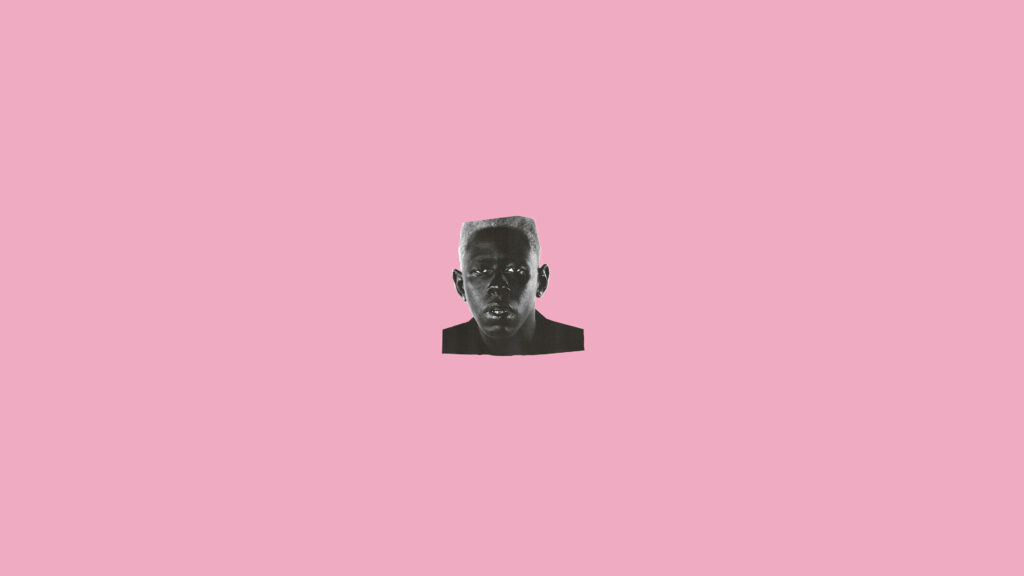 Minimalist black-and-white Tyler the Creator IGOR portrait with platinum blonde hair on pastel pink background Wallpaper