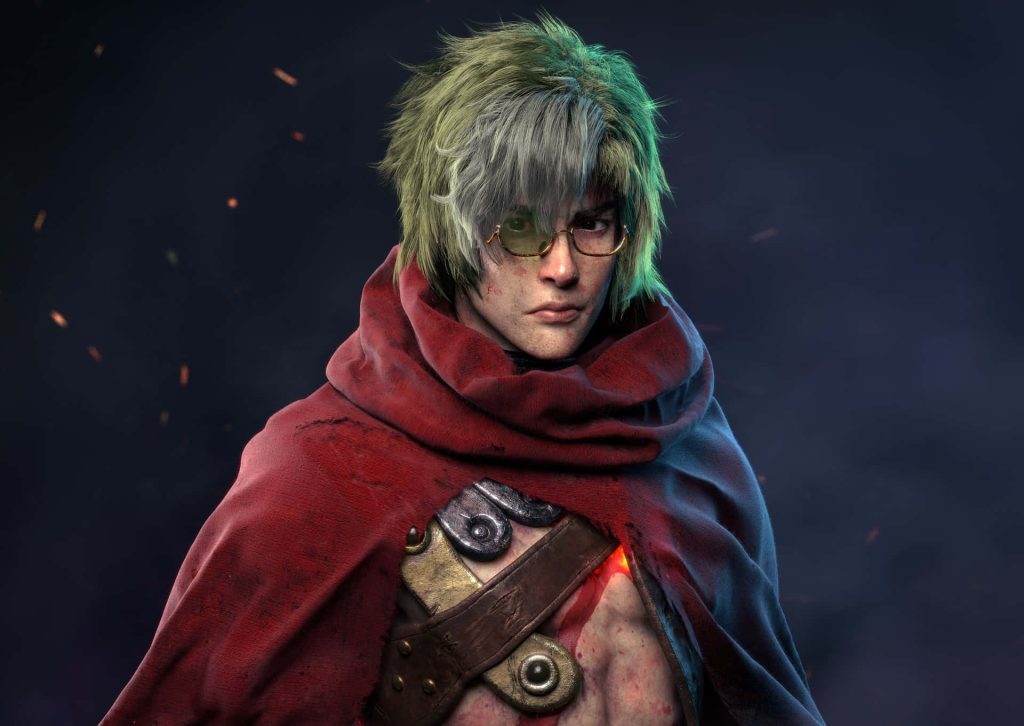 Hyper-realistic CGI portrait of Ikoma from Kabaneri with glowing chest and steampunk gear Wallpaper