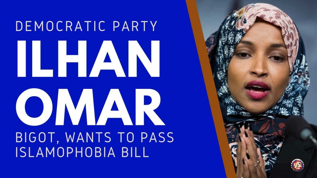 Split-screen graphic with U.S. Representative Ilhan Omar portrait and political commentary text on blue background Wallpaper