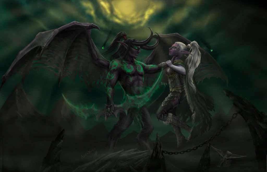 Illidan Stormrage demon form with glowing tattoos confronts night elf in dark fel-green landscape Wallpaper