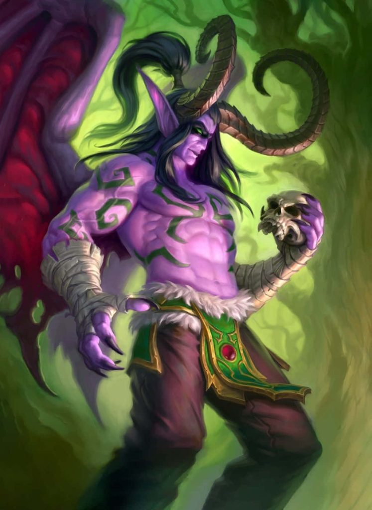 Illidan Stormrage digital art wallpaper Demon Hunter with wings horns skull glowing green background