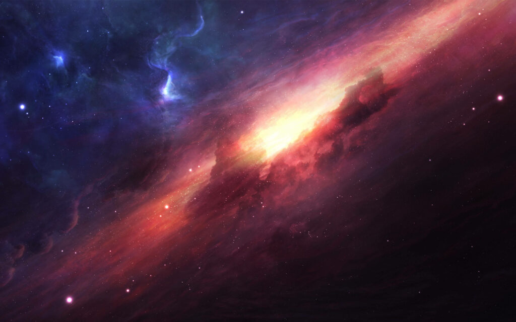 Cosmic nebula wallpaper with glowing orange red band and dark blue starry space background