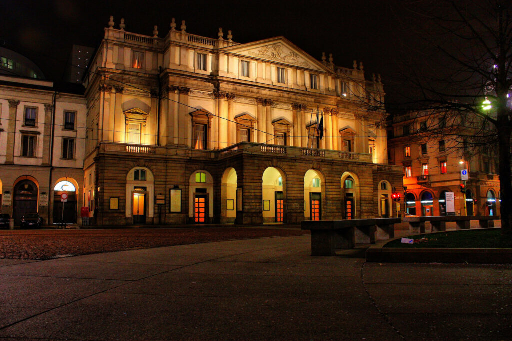 Illuminated La Scala Opera House Wallpaper: Stunning Night Design
