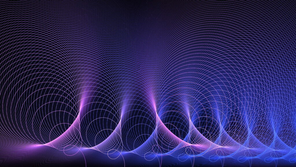 Abstract digital wallpaper with cascading wireframe curves in blue and purple moiré pattern