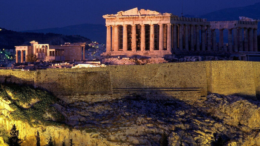 Illuminated Parthenon at Athens Archaeological Site night view ancient Greek architecture wallpaper