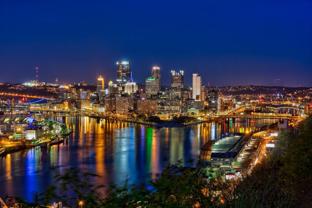 Stunning Pittsburgh Night Skyline Wallpaper with River Reflection