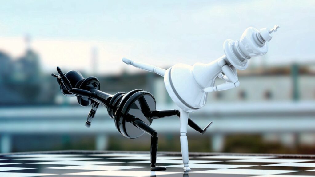 Dynamic Chess Battle Wallpaper: Personified Pieces at Play