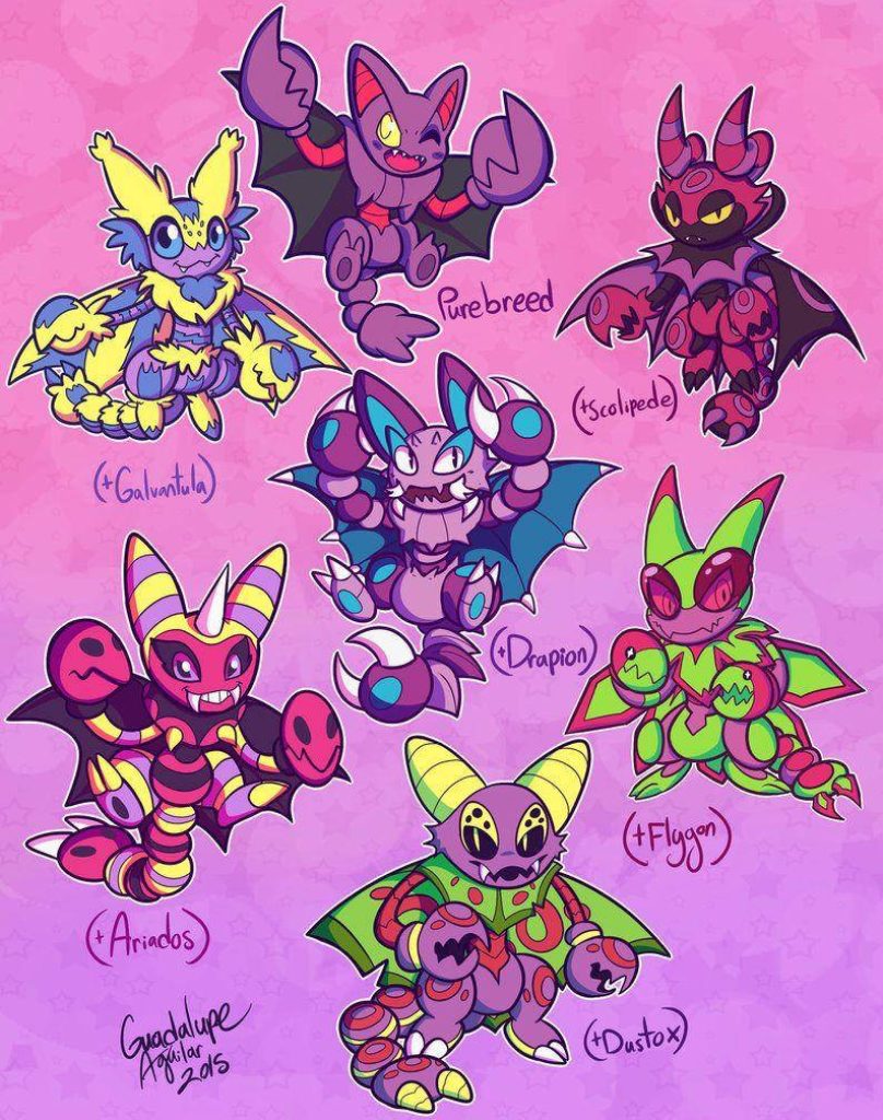 Vibrant Gliscor Pokemon fan art showing purebred and fused forms with various insect types Wallpaper