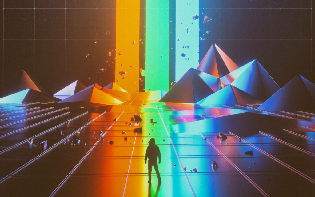 Vibrant Imagine Dragons Evolve digital art wallpaper with silhouetted figure on glowing grid