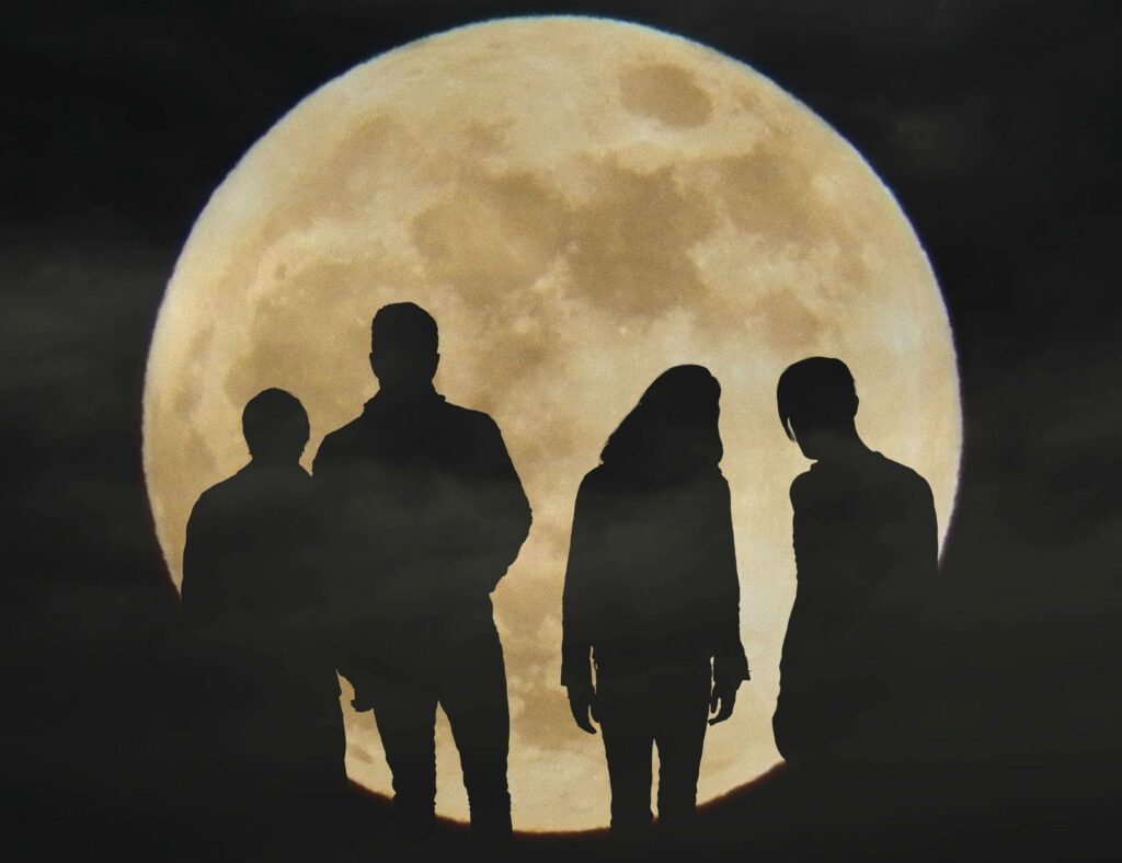 Imagine Dragons band silhouette with glowing full moon background dramatic wallpaper scene