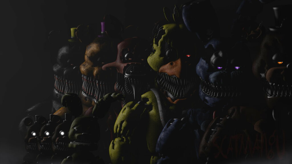 Five Nights at Freddy’s 4 wallpaper with terrifying Nightmare Freddy Bonnie Chica and Foxy in shadows