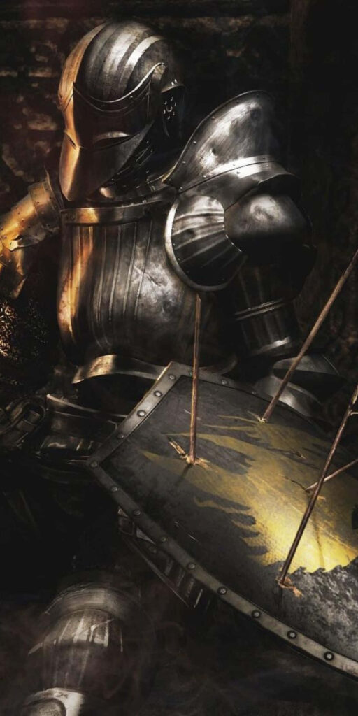 Medieval knight in steel helmet and shoulder plate, ready for intense combat in Mordhau themed wallpaper