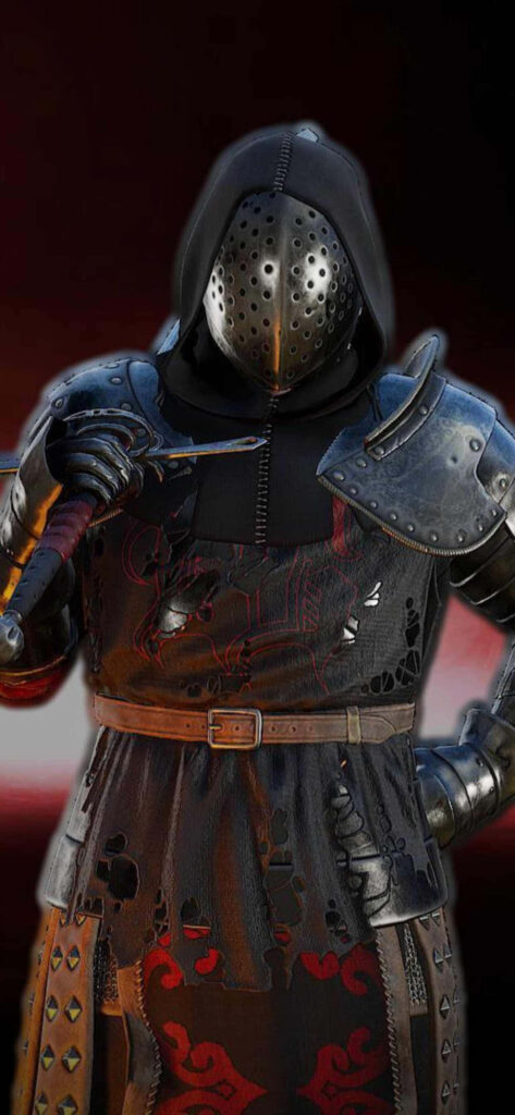 Dark medieval warrior in full armor with visor helmet and weapon - Mordhau game-inspired character on gritty historical background Wallpaper