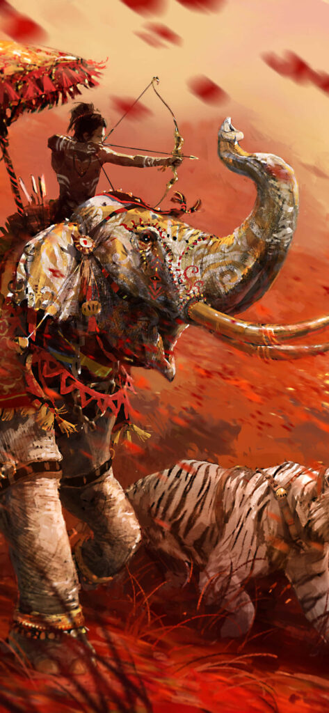 Far Cry 4 Wallpaper: Mounting Elephant, Bow and Arrow - Action Scene with Tiger