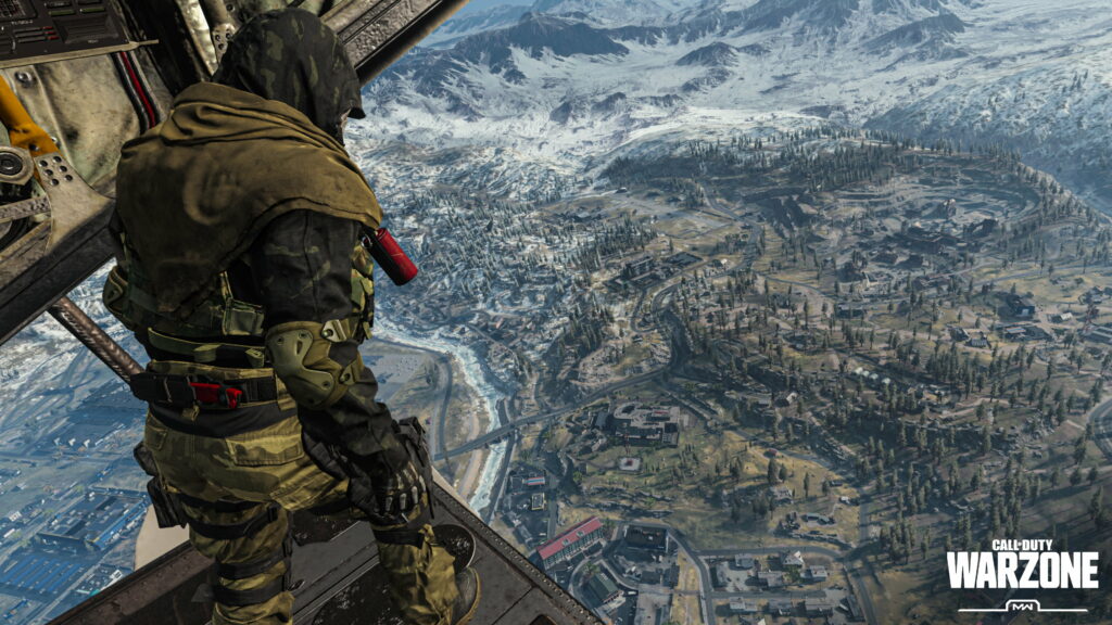 Call of Duty: Warzone Soldier Parachuting over Verdansk Landscape Wallpaper