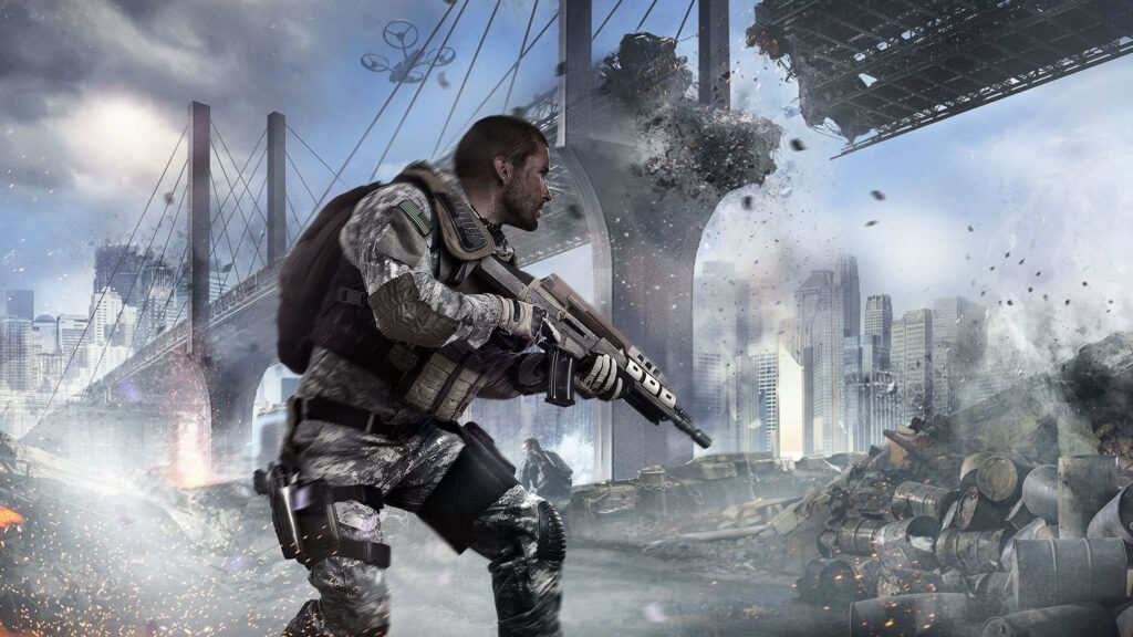 Intense Call of Duty: Black Ops II Soldier Wallpaper - Explosions, Warzone Chaos, Military Aircraft in Action Background
