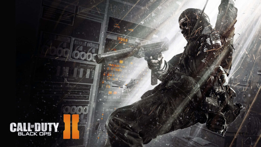 Call of Duty: Black Ops II Soldier Breaching Window Action Scene with High-Tech Equipment Wallpaper