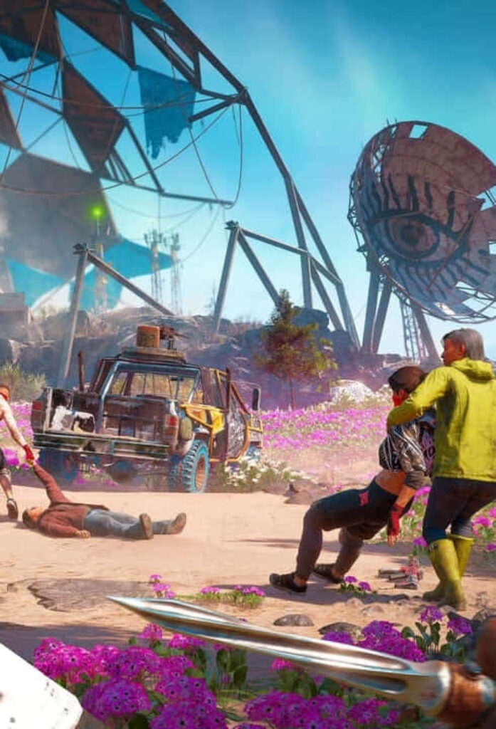 Far Cry New Dawn Characters in Post-Apocalyptic Scene with Broken Ferris Wheel - Wallpaper Image