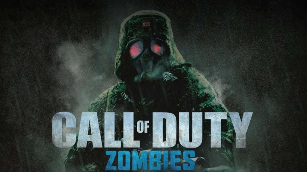 Dark post-apocalyptic Black Ops II Zombies wallpaper with mysterious figure in hood and gas mask