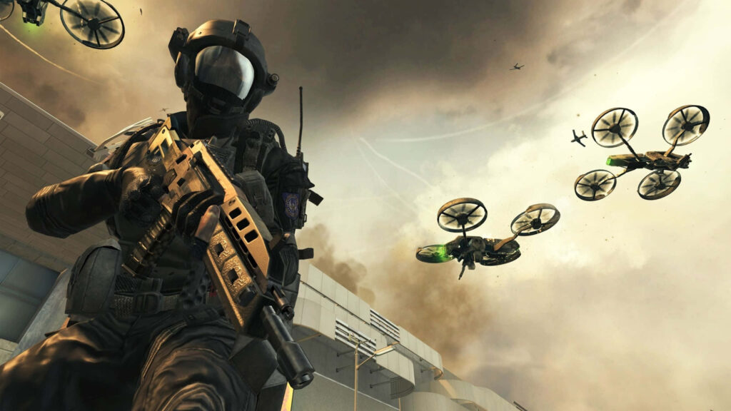 Intense futuristic urban combat in Call of Duty: Black Ops II scene with drones Wallpaper