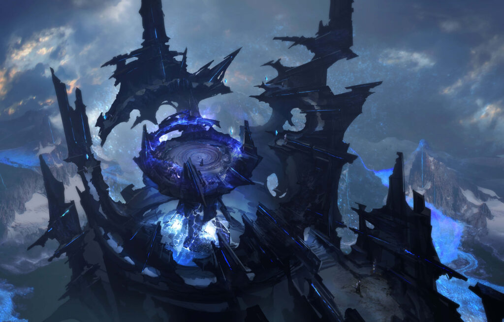 Epic Landscape: The Stunning Crystalline Pass in the Fiery Realms of Godfall's 4k Background Wallpaper