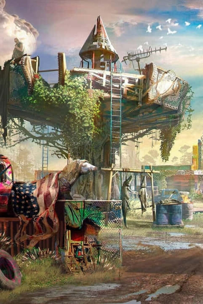 Far Cry New Dawn post-apocalyptic wallpaper of lookout tower with overgrown vegetation - background image