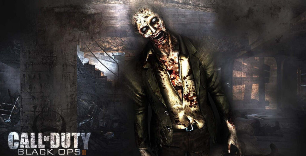 Call of Duty: Black Ops II Zombie Mode Wallpaper - Graphic and Gritty Setting with Zombie Character and Logo Highlighted