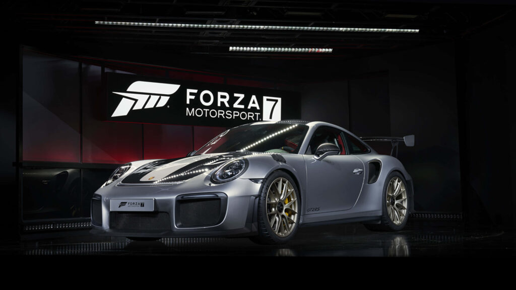 High-res Forza Motorsport 7 wallpaper featuring Porsche 911 GT2 RS and game logo in background