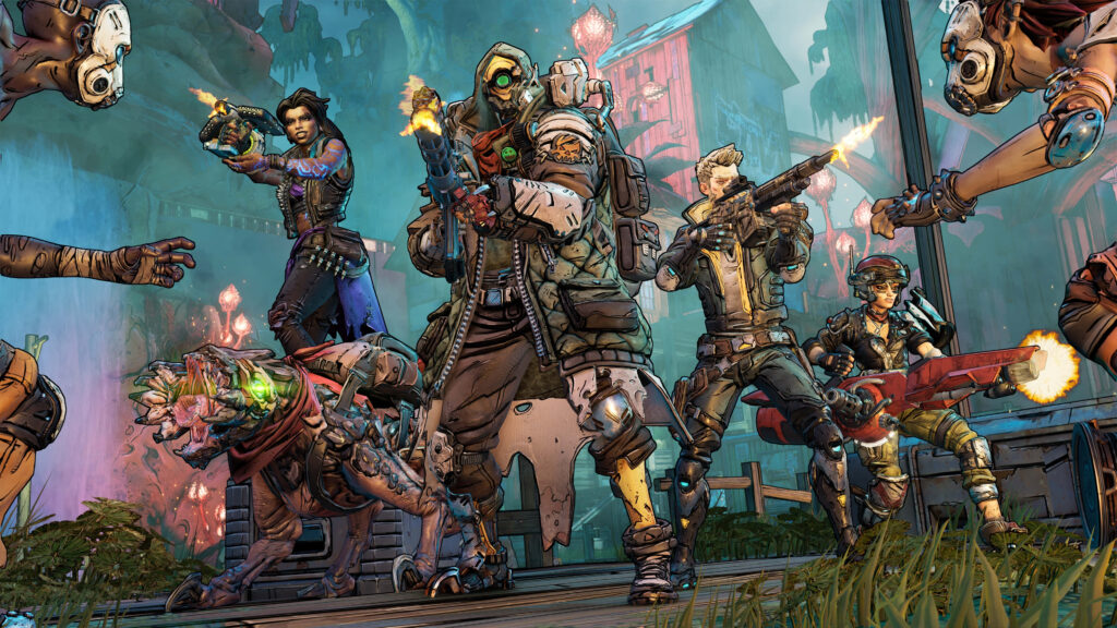 Explore the colorful world of Borderlands 3 with this vibrant wallpaper featuring dynamic characters in action