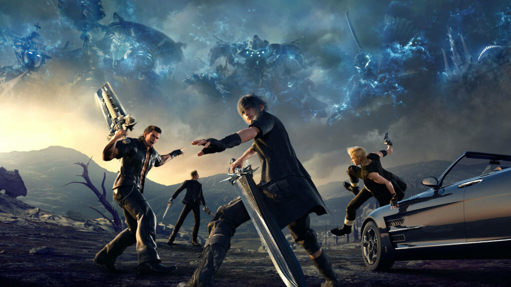 Final Fantasy XV Characters in Epic Battle Scene with Fantastical Beasts on Dramatic Landscape - Wallpaper Image