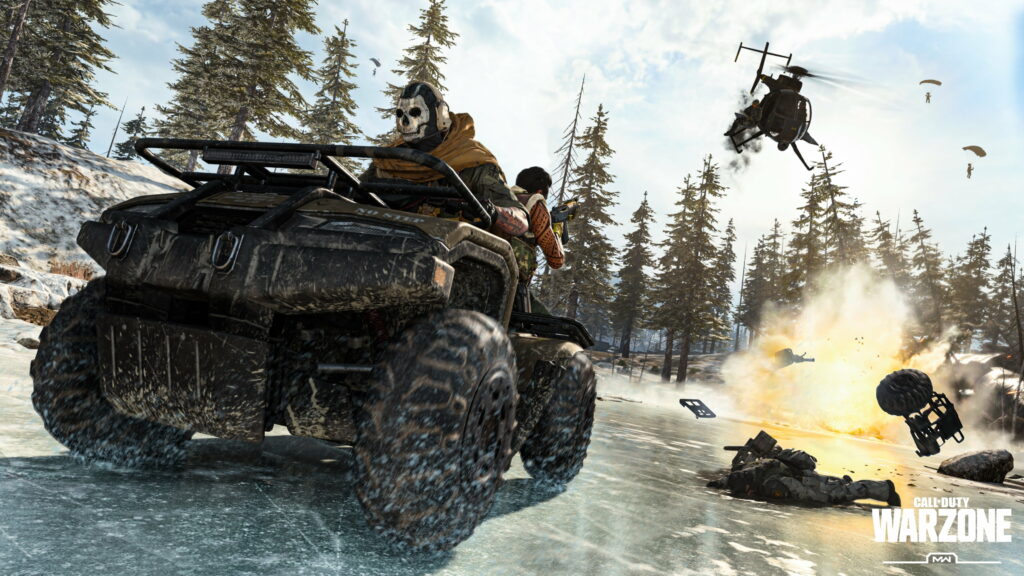 Call of Duty: Warzone snow chase with ATV, helicopter, and explosion in battle royale setting Wallpaper