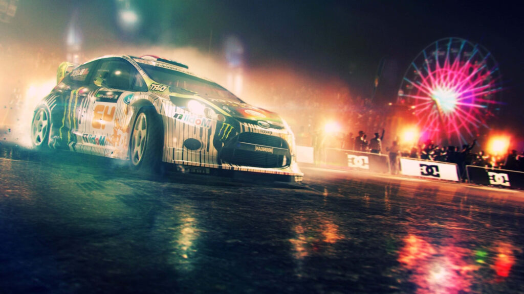Dirt 3 Rally Car Night Race with Explosive Fireworks Wallpaper