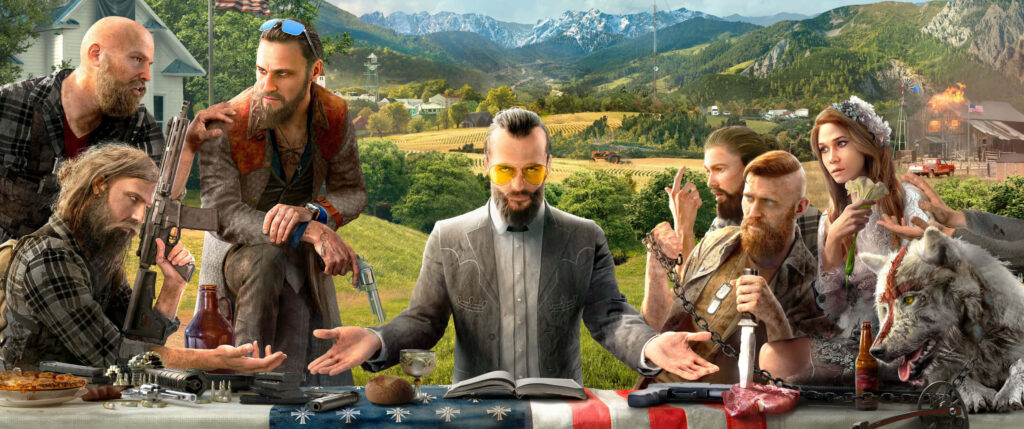 Far Cry 5 Cult Group in Montana Setting with Firearms, Map, and Wolf - Intense Conflict and Control Themes Wallpaper in UHD 4K 3440x1440 Resolution