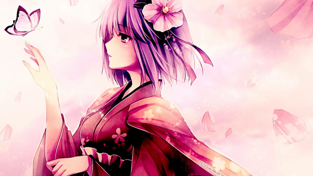 Enchanting Portrait: Hieda No Akyuu, the Elegant Chronicler, Adorned in a Scarlet Kimono Amidst Blooming Blossoms, Gazing at a Graceful Butterfly in a Serene Pink Touhou Landscape Wallpaper