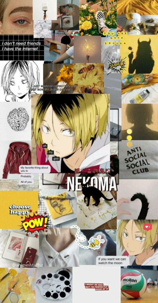The Golden Puzzle: A Yellow-Tinted Haikyuu!! Collage Immersing Kenma's Essence Wallpaper