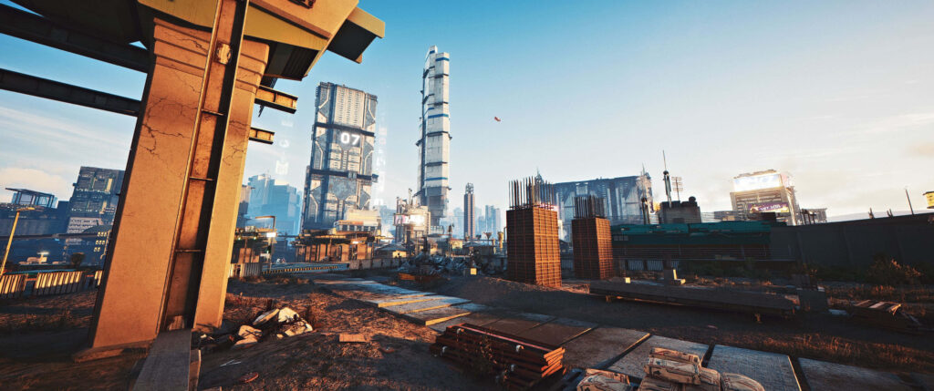 Glimpsing the Futuristic Realm: Cyberpunk 2077 7 Megabuilding in Rancho Coronado Wallpaper