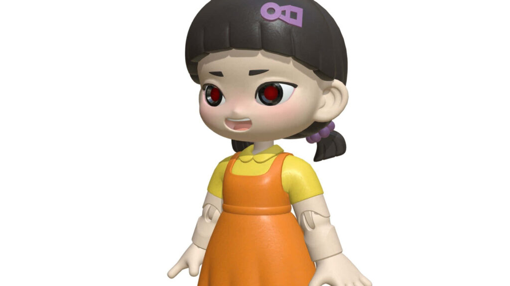 The Mesmerizing 3D Doll Young-hee Steals the Spotlight with her Enchanting Purple Ribbon in the Squid Game's Intense Red Light, Green Light Game - An Impressive Background Display! Wallpaper