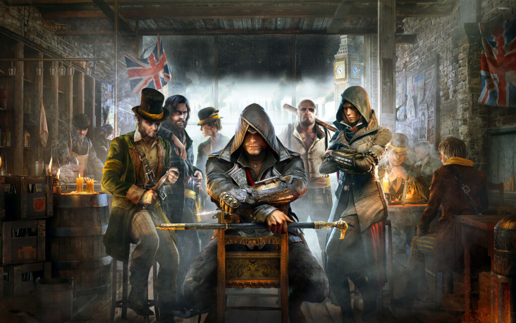 Immersive 3D Gaming Scene: Epic Tavern Battle Wallpaper