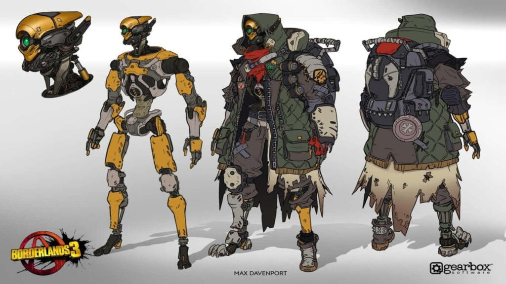 Borderlands 3 concept art showcases diverse characters by Max Davenport with Gearbox Software logo in background Wallpaper