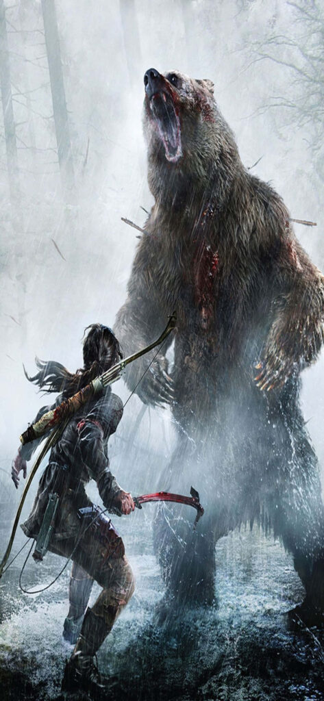 Intense Rise of the Tomb Raider moment: Lara Croft battles bear in misty forest with bow & arrow - Survival & combat emphasized. Wallpaper