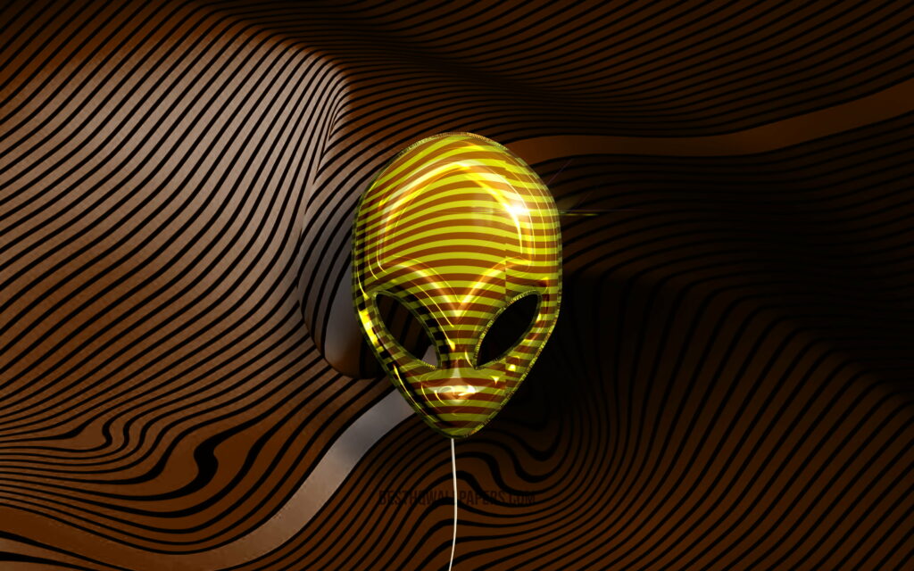 Golden Extravaganza: Immersive Alienware Logo with Realistic Balloons on Vibrant Brown Wavy Backgrounds - Stunning 4K Wallpaper
