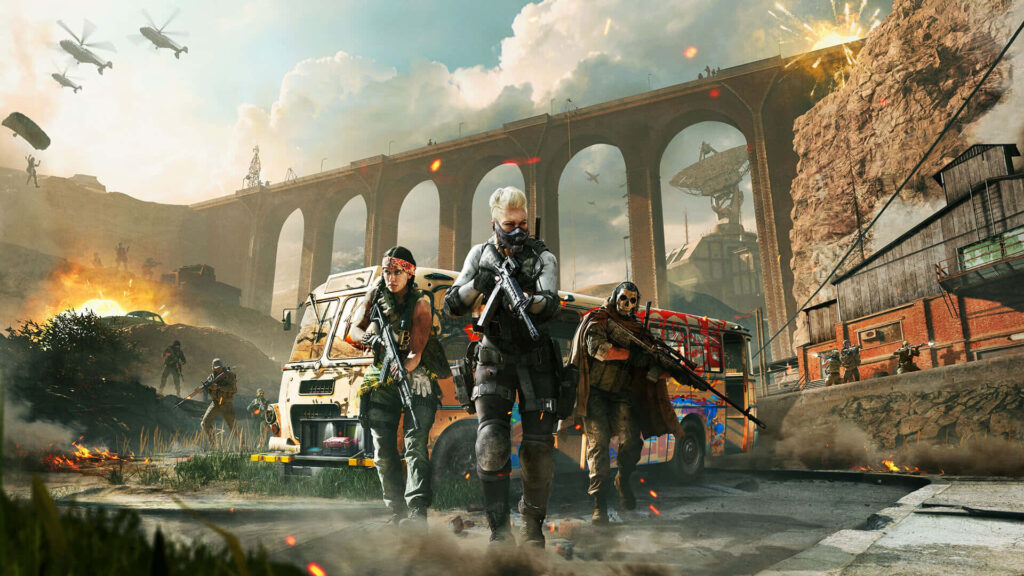 Intense Call of Duty: Black Ops Cold War Wallpaper with Soldiers and Explosions in War-Torn Environment