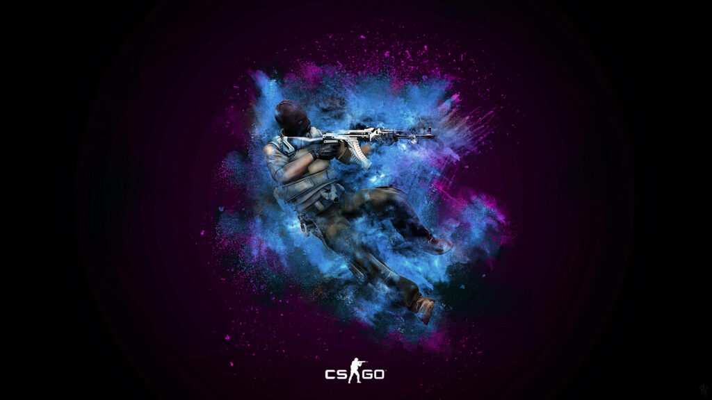 Vibrant Duel: Striking CS GO Illustration Captures Intense Shooter in Action Amidst Colorful Smoke Wallpaper