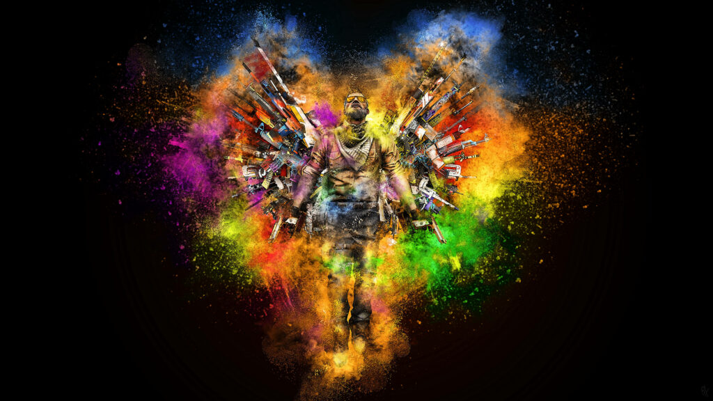 Inspiring CS:GO Gamer Soaring Above a Riot of Colorful Smoke with Gun Wings Wallpaper