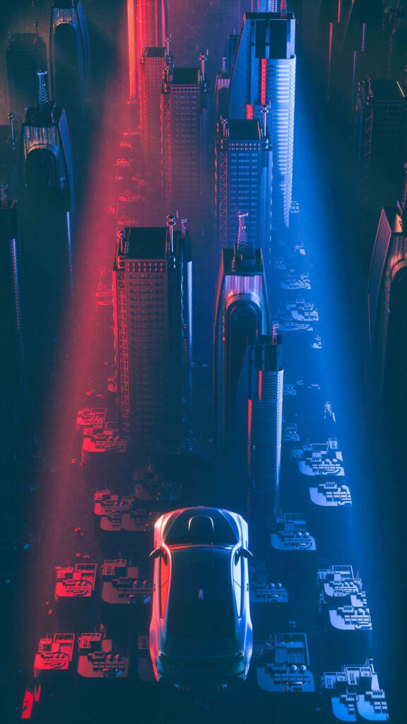 City Slickers: Futuristic Car Chase on Neon Highways Wallpaper