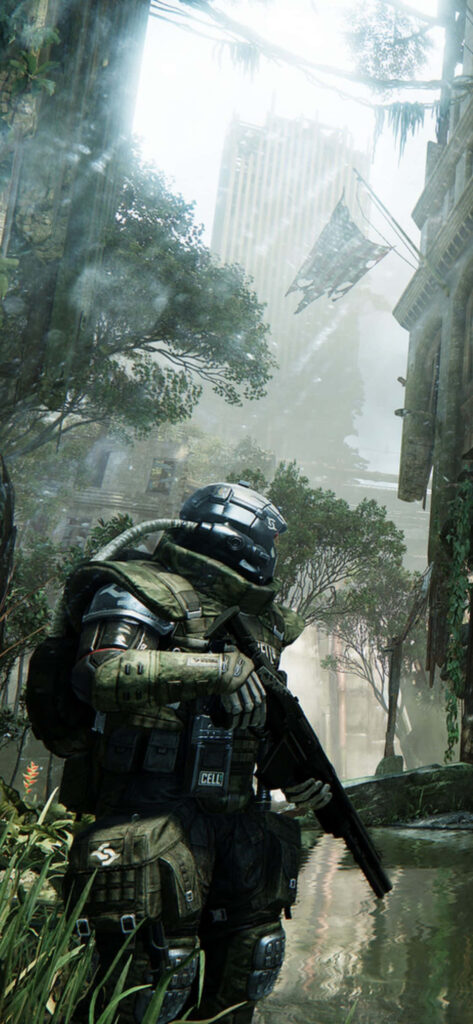 Crysis 3 Nanosuit in Overgrown Urban Jungle - Futuristic Technology vs Reclaimed Earth Background Wallpaper