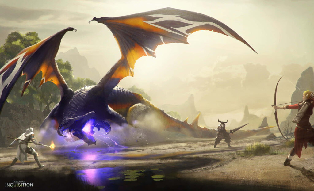 Epic Dragon Age: Inquisition Game Wallpaper with Mage Casting Spell, Fierce Battle, and Stunning Dragon Landscape