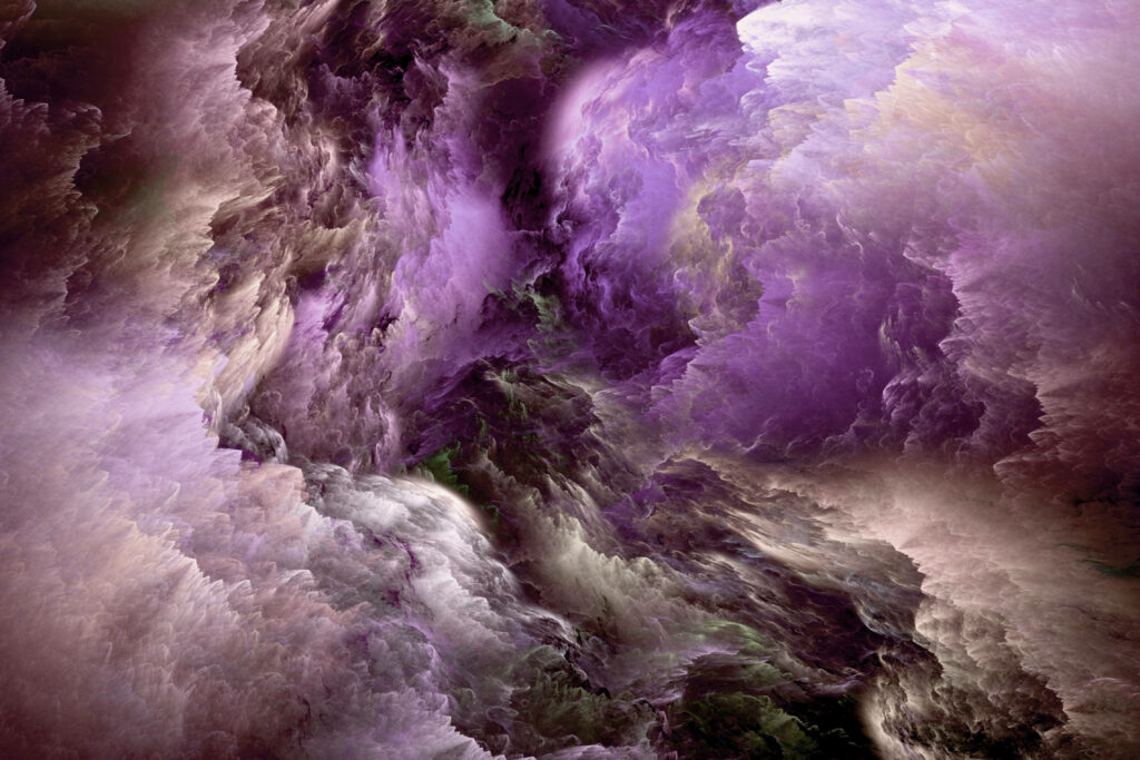Psychedelic Feather Dreams: Vibrant Pink and Purple Clouds Merge with Dark Origins Wallpaper