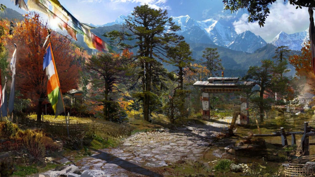 Scenic Far Cry 4 Mountain Landscape Wallpaper: Rich Foliage, Prayer Flags & Cultural Structure in Kyrat